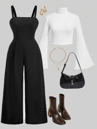 SHEIN MOD Quần yếm dệt kim màu đen cỡ lớn, kiểu dáng retro sinh viên.