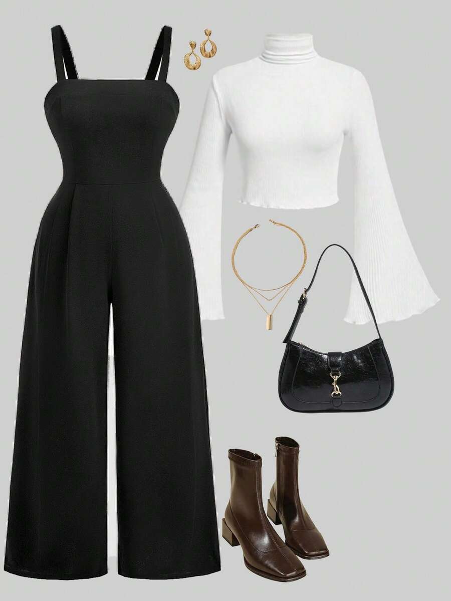 SHEIN MOD 加大码黑色针织背带裤，复古学院风黑色连体裤，女士正装黑色连体裤，曲线连体裤，露背连体裤，Y2K连体裤，女士工作服，职业装，夏季，节日，海滩，婚礼，度假 - 黑色 - 查看 1