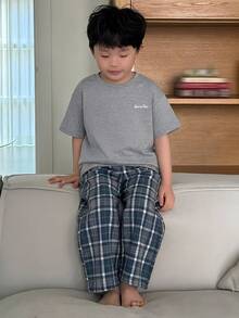 Dazy Kids 小男孩灰色圓領短袖上衣、格紋、長褲、睡衣夏季 - 灰色 - 查看 4