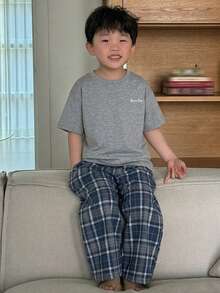 Dazy Kids 小男孩灰色圓領短袖上衣、格紋、長褲、睡衣夏季 - 灰色 - 查看 5