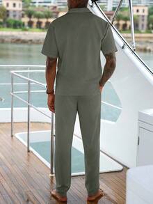 VENTUSAIL 男士休闲纯色衬衫和裤子套装 - 綠色 - 查看 2