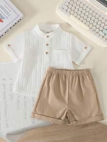 SHEIN 2件套宝宝第一个母亲节套装 - 白色条纹短袖衬衫（带领子和口袋），搭配卡其色宽松短裤 - 彩色 - 查看 7