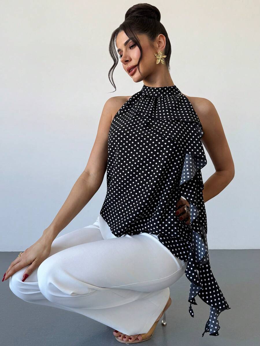 Rafferiza 女士波点印花荷叶边下摆无袖休闲衬衫 - 黑色 - 查看 1