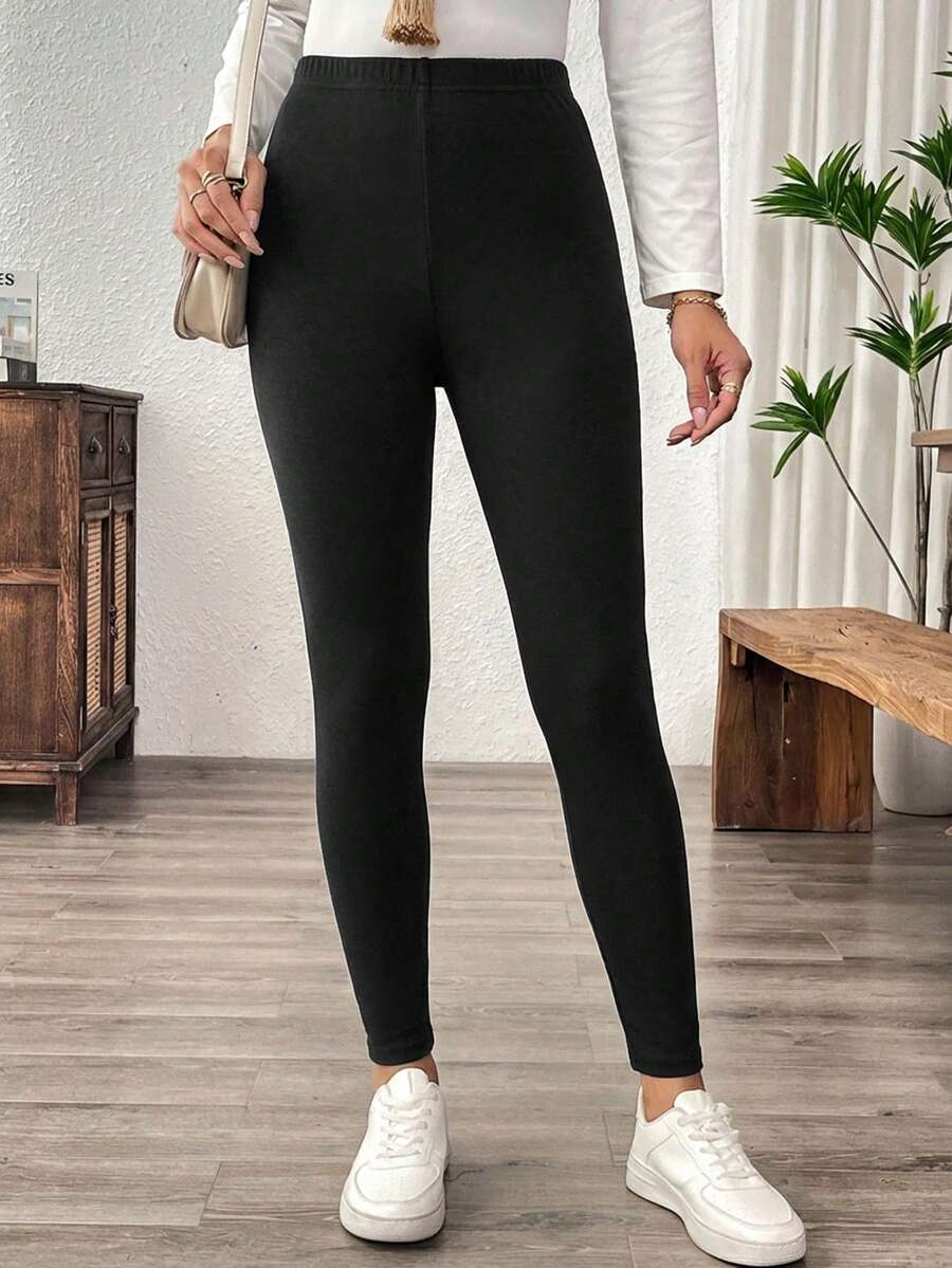 Women's Solid Mid-Rise Lounge Casual Comfortable Leggings - Black - View 1