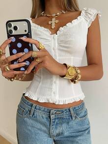 SHEIN EZwear 女士白色梭织荷叶边纽扣衬衫 - 白色 - 查看 7