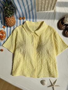 Comfortcana Plus Size Women's Solid Color Short Sleeve Single-Breasted Casual Textured Shirt - Yellow - View 5