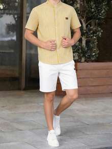 SHEIN 2pcs Tween Boy White Summer Casual Elegant Airport Business Outfit Sets,Short Sleeve Mandarin Collar Open Front Shirt&Straight Pants,Formal Wedding - Multicolor - View 9