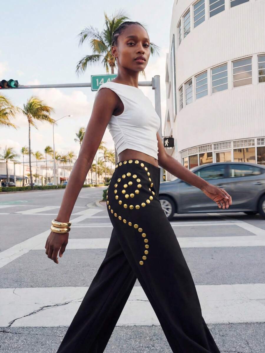 Maija Quần nữ dáng rộng, in họa tiết, cạp chun, kiểu dáng thường ngày. - màu đen - Xem 1