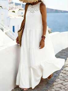 Balvessa 女士时尚优雅花卉荷叶边领宽松无袖连衣裙，休闲亚麻质感褶皱连衣裙，纯色春夏款 - 白色 - 查看 6