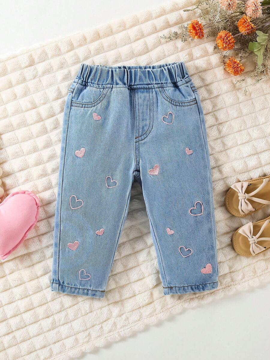 SHEIN Vintaside Kids 女嬰心形刺繡牛仔錐形長褲 秋季 - 藍色 - 查看 1