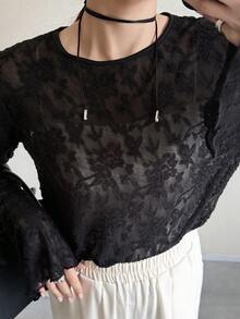 FRIFUL Kaos Kasual Wanita Kerah Bulat Bahan Renda Model Pas Badan Lengan Mengembang Warna Polos - Hitam - View 6