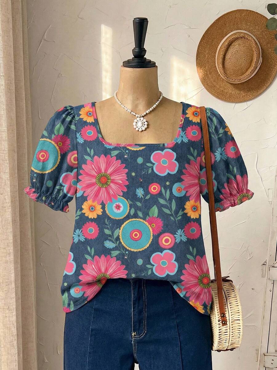 EMERY ROSE Plus Size Casual Floral Print Shirt, Suitable For Summer - Multicolor - View 1