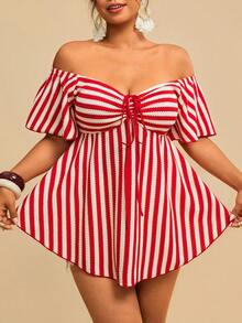 Travachic Vintage Plus Size Casual Holiday Spring/Summer Beachside Boho Jacquard Striped Off-Shoulder Drawstring Colorful Women Blouse/Shirt - Red and White - View 5