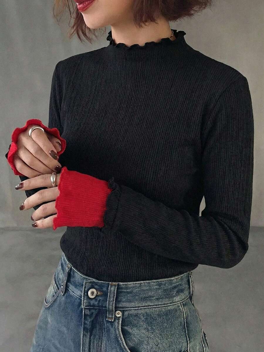 FRIFUL 女士撞色圆领长袖薄纱蕾丝拼接休闲百搭上衣,秋冬款 - 黑色 - 查看 1