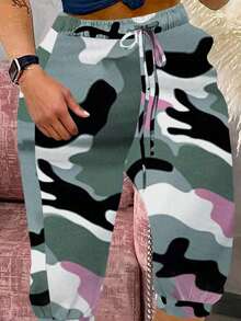 SHEIN LUNE Plus Size Women Camo Print Drawstring Waist 7/10 Pants - Multicolor - View 3