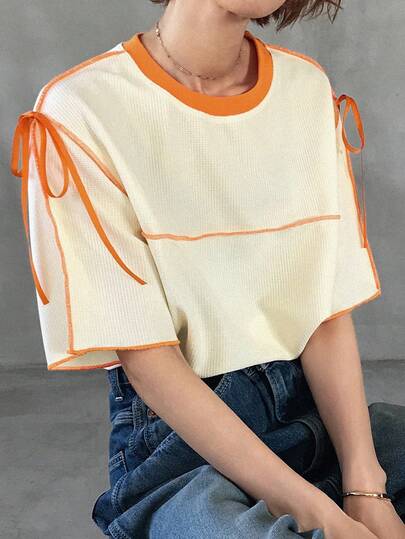FRIFUL 女士超大圆领撞色蝴蝶结T恤