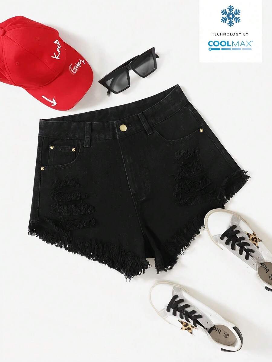SHEIN Essnce 女士纯色简约休闲牛仔短裤 - 黑色 - 查看 1