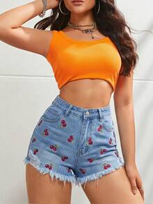 SHEIN PETITE 女款 Y2K 高腰牛仔短褲 淺藍色櫻桃刺繡 毛邊褲腳 休閒夏季穿搭 女款休閒日常牛仔短褲 小碼女款 - 中等水洗藍 - 查看 5