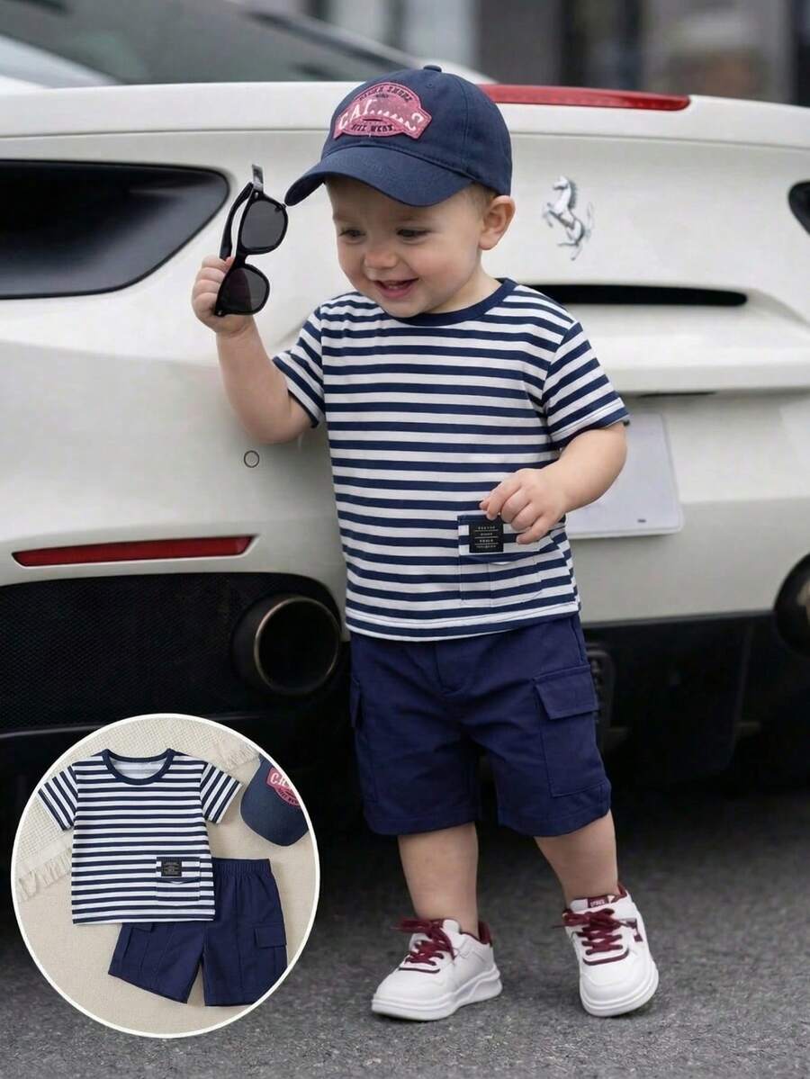 SHEIN Playful Pals 两件套幼儿男童休闲工装短裤和纯色带口袋T恤,夏季套装 - 藏蓝色 - 查看 1