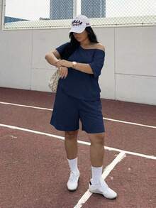 Muchica 海军蓝加大码女装两件套：短袖T恤和短裤 - 藏蓝色 - 查看 5