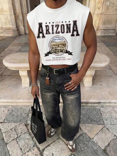 RivetRise 复古美式学院风印花男士标准尺码宽松短款背心，约会聚会必备，适合送给男友