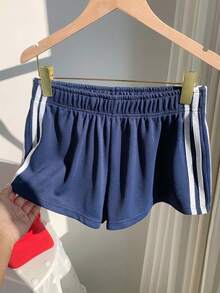 Comfortcana Women's Summer Casual Sports Everyday Commute Waffle Fabric Contrast Striped Side Loose Shorts - Blue - View 6