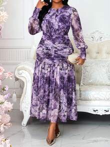 SHEIN Lady Plus Size Elegant Floral Print Ruffle Dress,Purple Autumn Wedding Guest Dress For Women,Classy Party Graduation Ceremony Spring Casual Summer Dresses - Purple - View 6