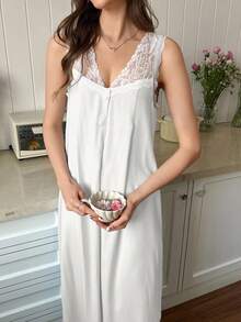 Snug Reverie Lace Patchwork V-Neck Decorated Button Sleeveless Nightgown - White - View 3