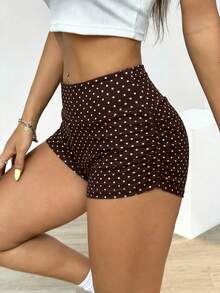 SHEIN EZwear Short de cyclisme plissé à pois marron et blanc pour femmes, convient pour le cyclisme, le yoga, les sports en été. Short à pois rétro, américain décontracté, short de cyclisme, short de sport, avec taille affinante et fessiers rehaussés - Multicolore - Voir 3