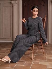 Graceveil Women's Blue White Stripe Autumn Elegant Office 3 Pieces Set Round Neck Long Sleeve Top Wide Leg Pants Business Casual Co Ords Terno Blouse Outfit - Green - View 7