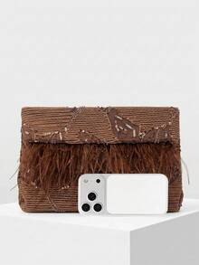 MOTF PREMIUM LADIES ELEGANT FLORAL PATTERN BEAD MATERIAL CLUTCH BAG ENVELOPE BAG WITH ARTIFICIAL FEATHER DECORATION,VALENTINES DAY - Coffee - View 5