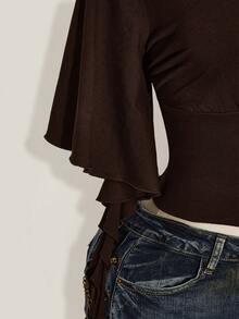 SHEIN ICON Plus Size Women V-Neck Flare Sleeve Ruched T-Shirt - Brown - View 9