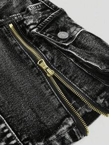 ROMWE Kawaii Váy denim mini cạp thấp cổ điển Y2K có khóa kéo giặt - Màu xám đen - Xem 3