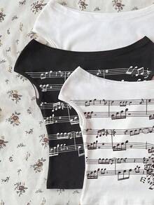 3pcs Off Shoulder Short Sleeve T-Shirt Set,White With Black Polka Dots,Summer,Y2K,School,Back-To-School Musical Note Floral Print Cropped Fit Top - Black and White - View 3