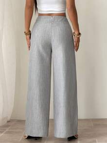 SHEIN PETITE Quần đồng phục giáo viên nữ màu hồng chất liệu tre, thiết kế khóa cài phía trước, thanh lịch, chuyên nghiệp, phù hợp cho các dịp Lễ Tạ ơn và Halloween. Kiểu dáng rộng rãi, thoải mái, ống đứng, thích hợp mặc trong các dịp lễ này. - Xám - Xem 3