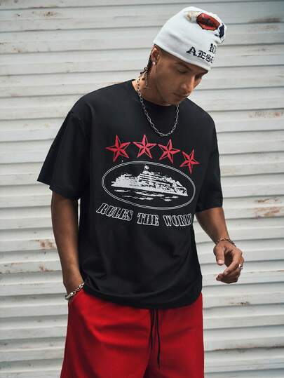 Modcrash Men's New Hiphop Fashion Letter Print T-Shirt , Retro American, Unisex, Relaxed Fit Summer Outfits – Suitable For Everyday Wear And Summer Holiday Outfits.