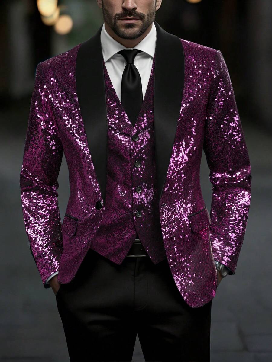 Manfinity AFTRDRK Men's Contrast Color Lapel Sequin Single-Breasted Blazer For Ceremony - Purple - View 1