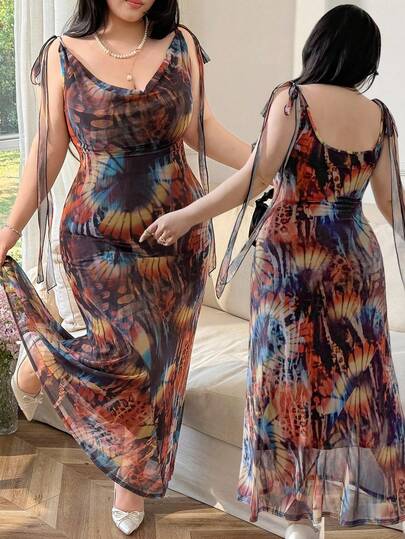 CovetEZ Đầm lưới buộc dây, họa tiết hoa nhiệt đới nhuộm tie-dye, kiểu dáng thường ngày, cỡ lớn, thích hợp cho mùa xuân/hè.
