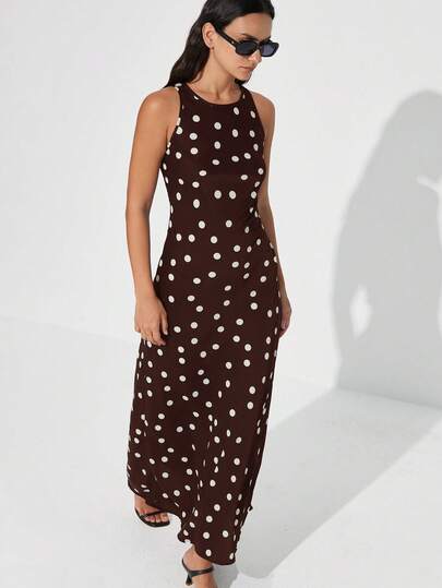 Aveloria Modichic Minimalist Elegant Asymmetric Colorblock Polka Dot Random Print Satin-Like Acetate Fabric A-Line Sleeveless Round Neck Sophisticated Versatile Commuter Chic Vintage French Maxi Dress For Women