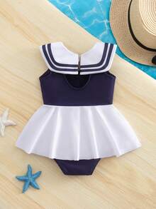 SHEIN Bộ đồ bơi liền thân phối màu cho bé gái với họa tiết nơ - Màu xanh hải quân - Xem 3