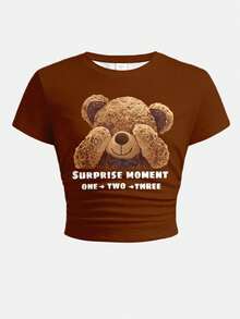 Maillard Brown，可爱复古风蝴蝶结小熊印花图案，大地色系，复古条纹，散发淡淡复古气息，少女两件套针织T恤和裤子套装，休闲日常时尚，适合户外野餐、街头风、居家穿着。 - 白色 - 查看 4