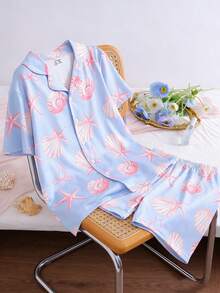 Conjunto de pijama de 2 piezas con top de manga corta y shorts con estampado de moños, elegante y de moda para niñas - Azul - Ver 6