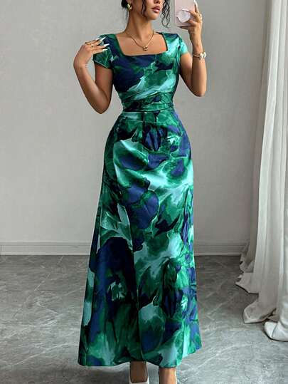 Rafferiza 优雅印花连衣裙，方领连衣裙，短袖连衣裙