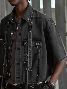 NEON BLANC Áo sơ mi denim nam mùa hè phong cách thường ngày đường phố với túi nắp có khuy và dây đeo. - màu đen - Xem 1