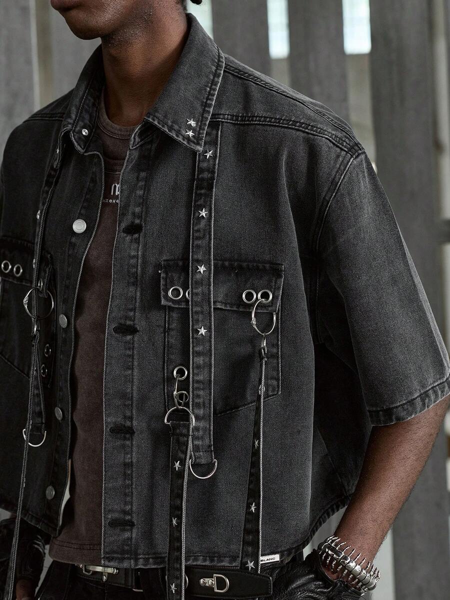 NEON BLANC Áo sơ mi denim nam mùa hè phong cách thường ngày đường phố với túi nắp có khuy và dây đeo. - màu đen - Xem 1
