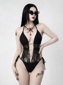 ROMWE Women's Casual Vacation Beach Party Elegant Sexy Solid Black Jacquard Fabric Spaghetti Strap Bikini Two Pieces Swimwear, New Summer Bikini Alt Zestiva Swimwear Bikini Goth Goth Bathing Suits For Women Gothic Swimwear Goth Bikini Goth Summer Clothes Lingerie For Women Cosplay - Black - View 2