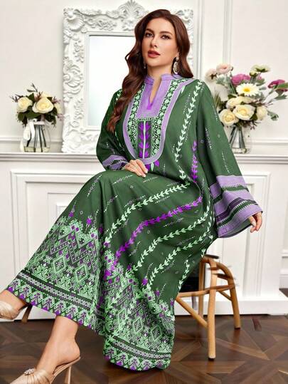 Al Najma Đầm Ả Rập dáng rộng tay dài in hoa thanh lịch dành cho nữ, cỡ lớn.