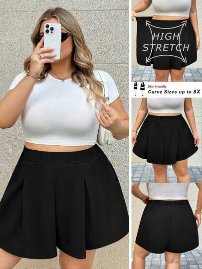 SHEIN CURVE+ 大码女装纯色休闲简约夏季新款运动迷你裙短裤，春夏/春夏女装，春假服装