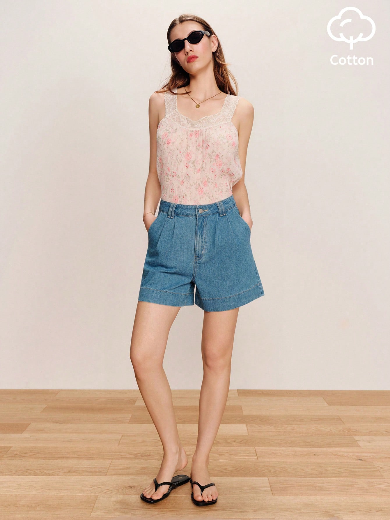 High-Waist A Line Denim Shorts With Front Pleats Spring Summer Vacation Outfit Cozy Cotton Shorts Going Out French Style Parisian Style Vintage Shorts Blue Shorts