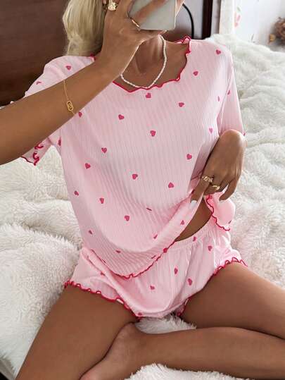 CottageSlumber Rosa Herz gerippter Strick Loose Fit Kurzarm & Shorts Pyjama Set für Frauen